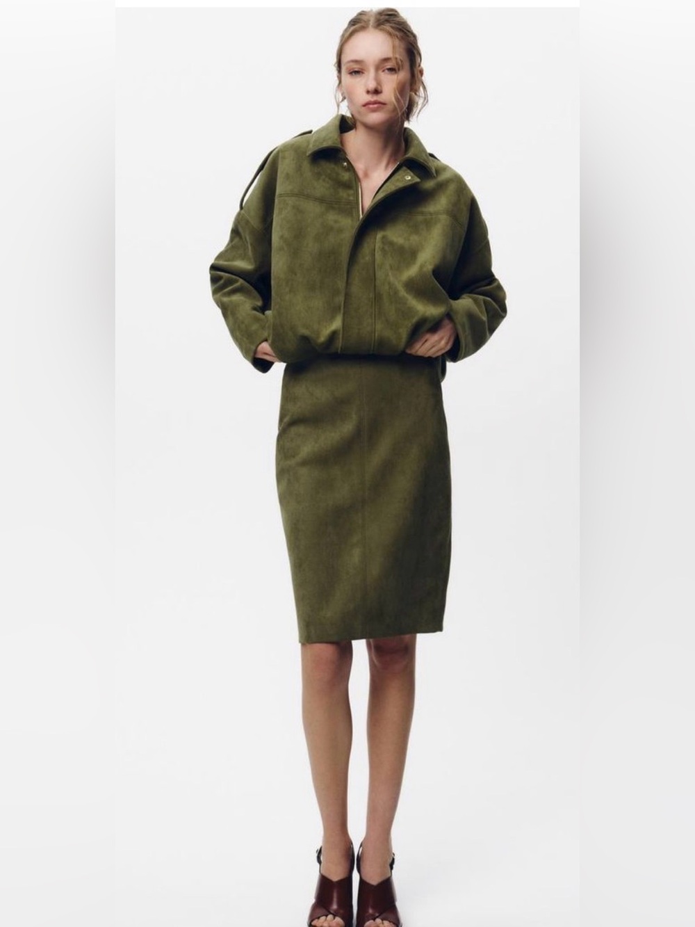 Zara Classic Olive Faux Suede Pencil Skirt